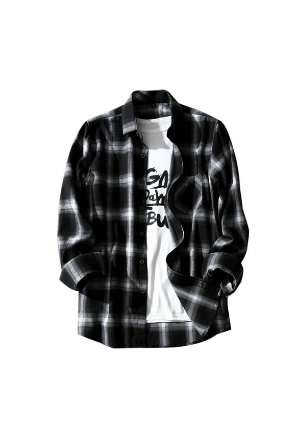 Mens Plaid Shirts Fall Winter Long Sleeve Flannel Cardigan Shirts Turndown Collar Button Casual Jacket with Pocket