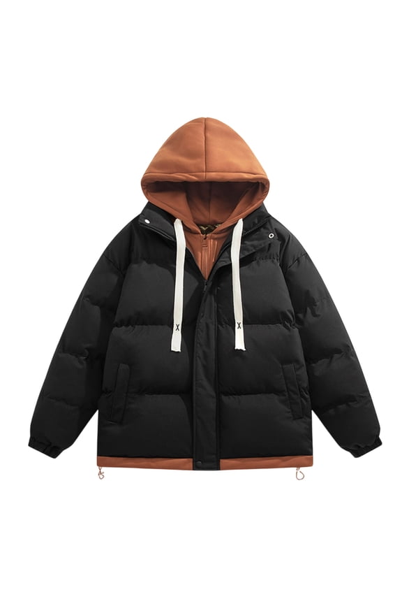 Mens Puffer Jacket Long Sleeve Zip Up Drawstring Hooded Down Jacket Winter Thickened Warm Coat with Pocket