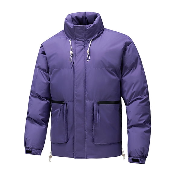 cocolona Mens Puffer Jacket Long Sleeve Zipper Stand Collar Down Jacket Winter Solid Color Thickened Warm Coat with Zipper Pockets