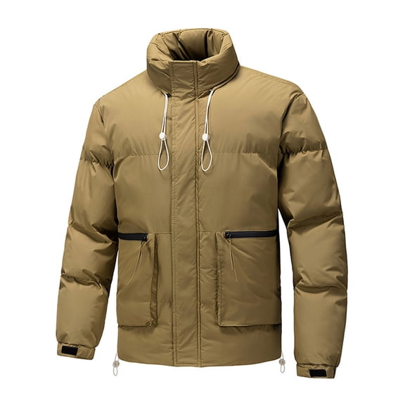 cocolona Mens Puffer Jacket Long Sleeve Zipper Stand Collar Down Jacket Winter Solid Color Thickened Warm Coat with Zipper Pockets