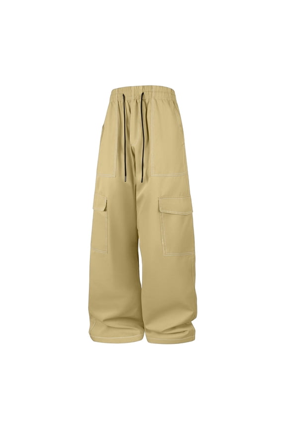 Mens Solid Color Casual Cargo Pants Elastic Waist Straight Wide Leg Outdoor Hiking Pants with Pockets