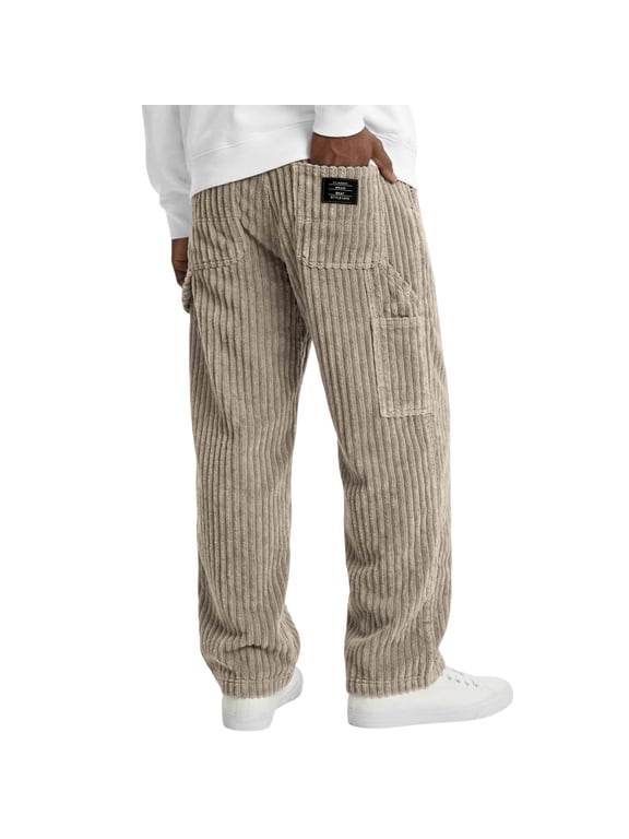 Mens Solid Color Casual Corduroy Pants Elastic Waist Straight Wide Leg Workout Gym Pants with Pockets