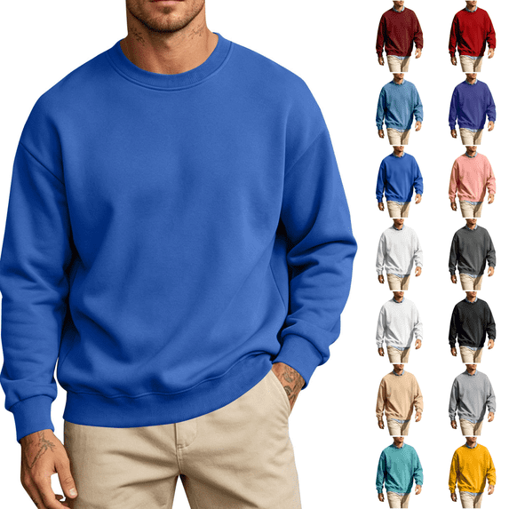 cocolona Mens Solid Color Fleece Sweatshirt Fall Winter Crew Neck Long Sleeve Shirts Fashion Casual Loose Pullover Tops
