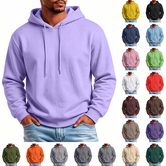 cocolona Mens Solid Color Pullover Hoodie Long Sleeve Drawstring Hooded Sweatshirt Fall Fashion Casual Loose Tops