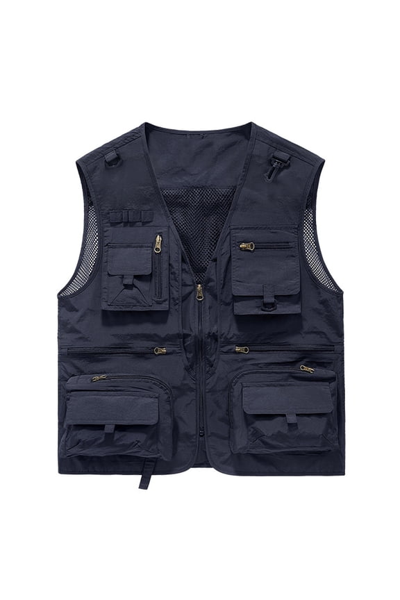 Mens Solid V-neck Casual Mesh Multiple Pockets Sleeveless Jacket Outdoor Work Tops Travel Ghotography Vest