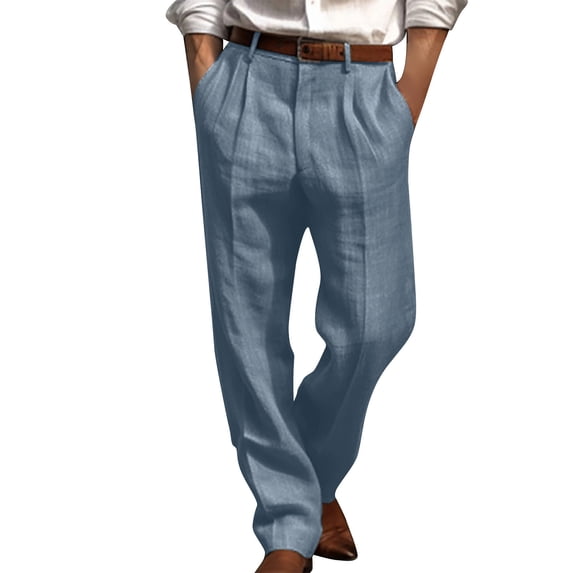 cocolona Mens Straight Leg Linen Pants Fashion Casual Loose Office Work Dress Pants Pleated Front Button Trousers with Pockets