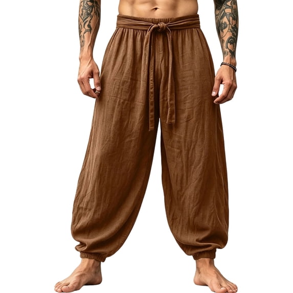 cocolona Mens Street Casual Linen Harem Pants Solid Color Elastic Waist Straight Travel Lounge Pants with Pockets
