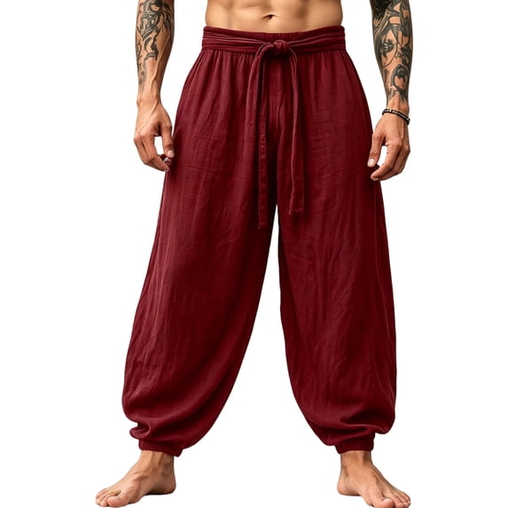 cocolona Mens Street Casual Linen Harem Pants Solid Color Elastic Waist Straight Travel Lounge Pants with Pockets