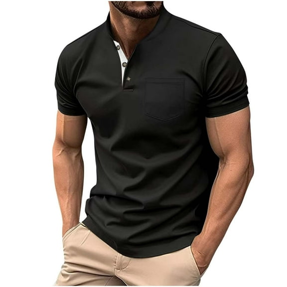 cocolona Mens Summer Button Stand-up Collar Shirts Casual Solid Color Short Sleeve T-shirts Comfy Tops Business Dress Blouses Black L