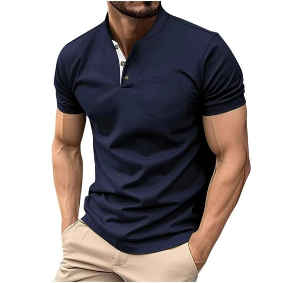 cocolona Mens Summer Button Stand-up Collar Shirts Casual Solid Color Short Sleeve T-shirts Comfy Tops Business Dress Blouses Navy XL