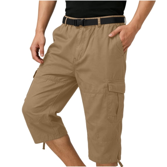 cocolona Mens Summer Casual Cargo Capri Pants Elastic Waist Belt Wide Leg Outdoor Work Cropped Pants with Pockets