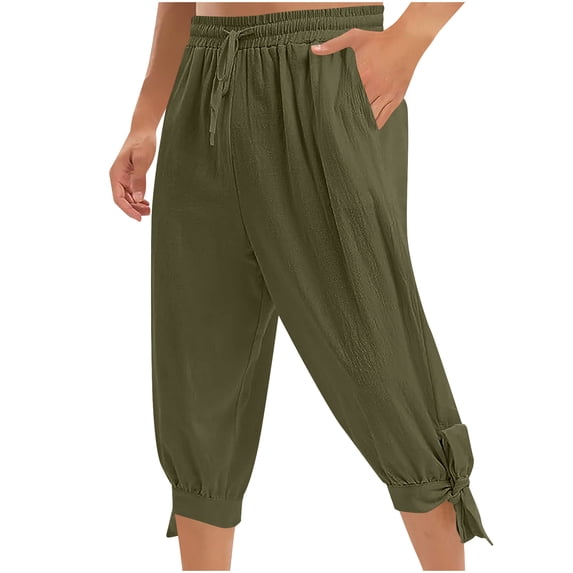 cocolona Mens Summer Casual Linen Capri Pants Solid Color Elastic Waist Drawstring Cropped Jogger Pants with Pockets