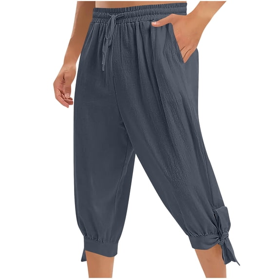 cocolona Mens Summer Casual Linen Capri Pants Solid Color Elastic Waist Drawstring Cropped Jogger Pants with Pockets