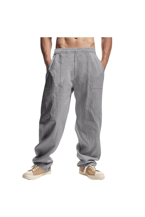 Mens Summer Casual Linen Pants Elastic Waist Drawstring Straight Vacation Beach Pants with Pockets