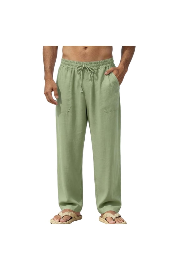 Mens Summer Casual Linen Pants Elastic Waist Drawstring Straight Vacation Beach Pants with Pockets
