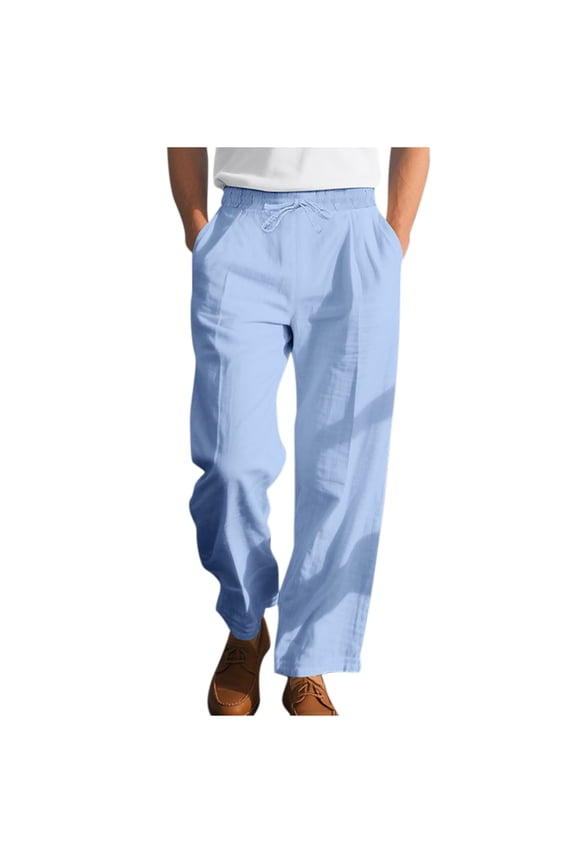 Mens Summer Casual Solid Color Beach Pants Elastic Waist Straight Wide Leg Pants with Pockets