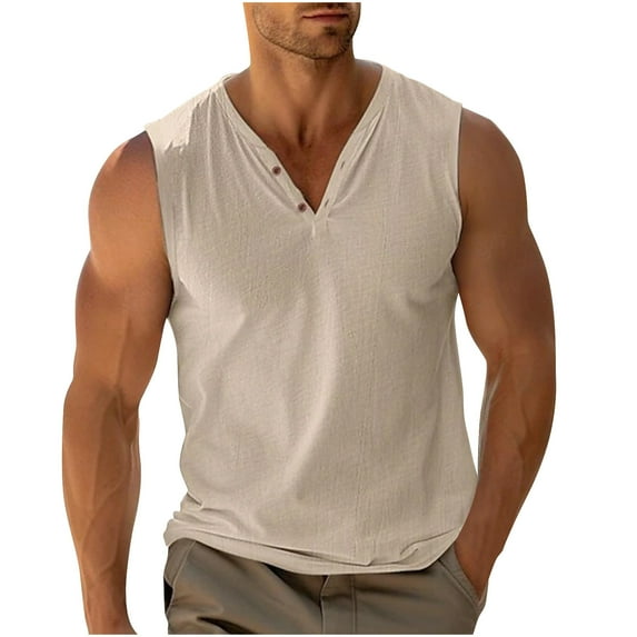 cocolona Mens Summer Casual Tank Tops Fashion Button V Neck Sleeveless Solid Color T-Shirts Lightweight Comfy Tees