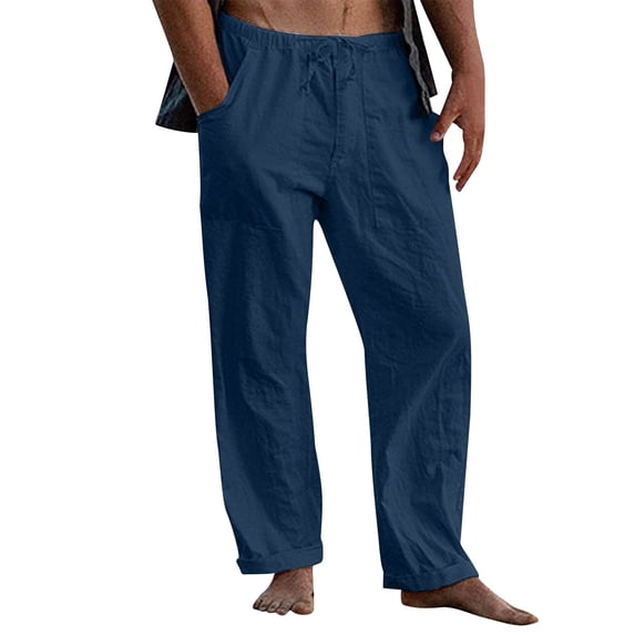 cocolona Mens Summer Casual Wide Leg Linen Pants Elastic Waist Straight Cuffed Leg Beach Pants with Pockets