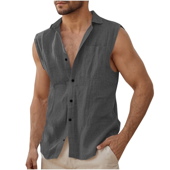 cocolona Mens Summer Cotton Linen Sleeveless Shirts Button Turndown Collar Casual Solid Color Tank Tops Holiday Beach Linen Shirts