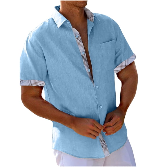 cocolona Mens Summer Linen Shirts Fashion Button Turndown Collar Short Sleeve Tops Casual Loose Color Block T-Shirts Beach Vacation Tees