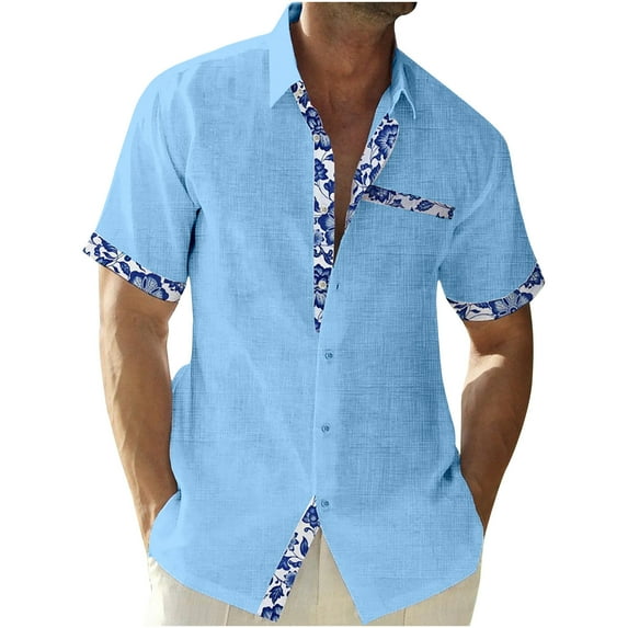 cocolona Mens Summer Linen Shirts Fashion Button Turndown Collar Short Sleeve Tops Casual Loose Color Block T-Shirts Beach Vacation Tees