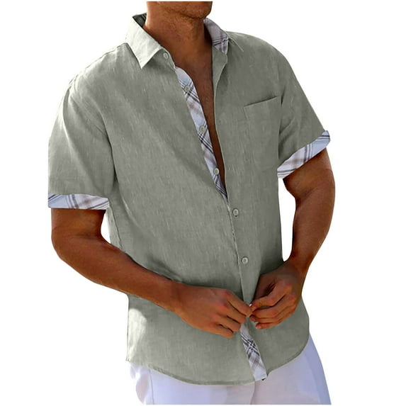 cocolona Mens Summer Linen Shirts Fashion Button Turndown Collar Short Sleeve Tops Casual Loose Color Block T-Shirts Beach Vacation Tees