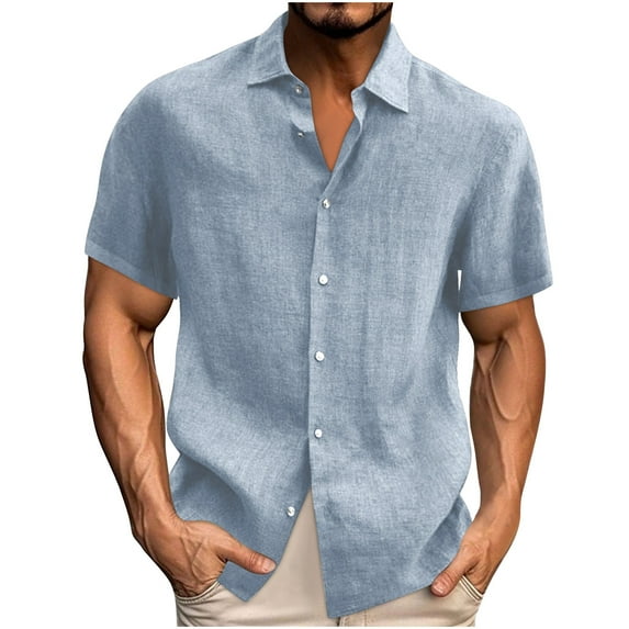 cocolona Mens Summer Linen Shirts Fashion Button Turndown Collar Short Sleeve Tops Casual Loose Solid Color T-Shirts