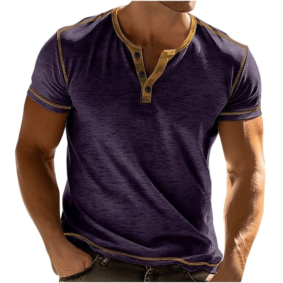 cocolona Mens Summer Sports Short Sleeve T-Shirts Fashion Button Crew Neck Casual Color Block Tops