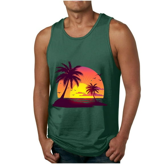 cocolona Mens Summer Sports Tank Tops Fashion Crew Neck Sleeveless Casual Hawaiian Print Beach T-shirts Gym Workout Shirts