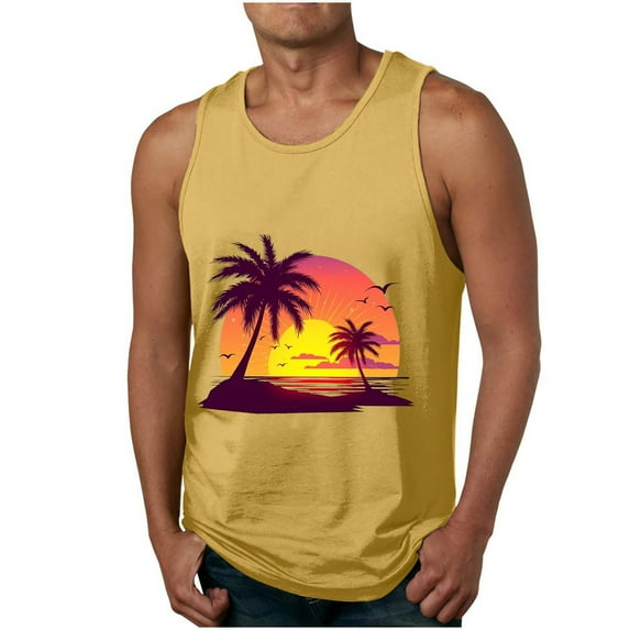 cocolona Mens Summer Sports Tank Tops Fashion Crew Neck Sleeveless Casual Hawaiian Print Beach T-shirts Gym Workout Shirts