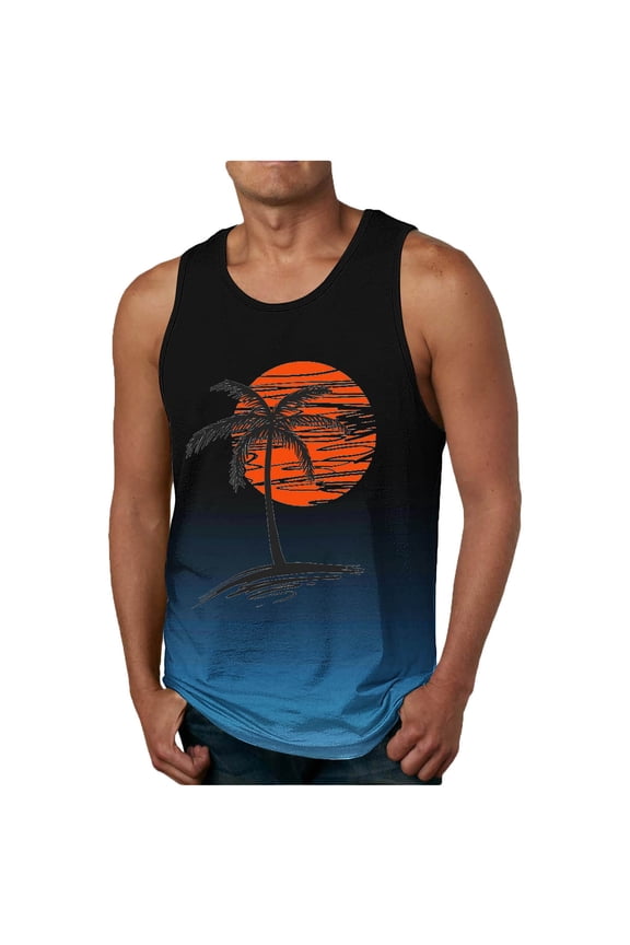 Mens Summer Tank Tops Crew Neck Sleeveless Workout Shirts Hawaiian Beach Gradient Palm Tree Print Tank Tops