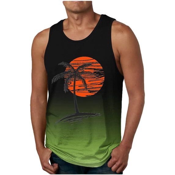 cocolona Mens Summer Tank Tops Crew Neck Sleeveless Workout Shirts Hawaiian Beach Gradient Palm Tree Print Tank Tops