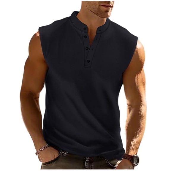 cocolona Mens Summer Tank Tops Sleeveless V Neck Button T-Shirts Fashion Casual Solid Color Blouses