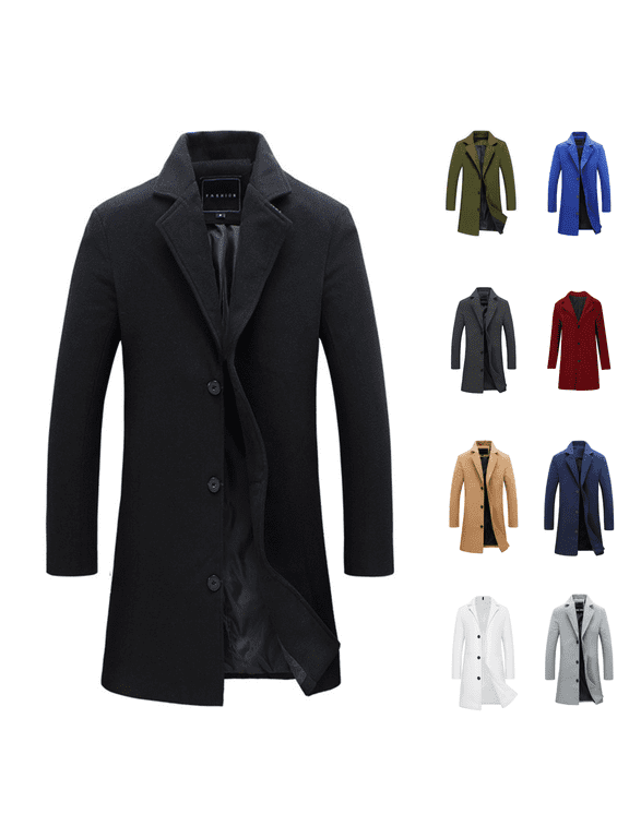 Mens Trench Coat Winter Long Sleeve Casual Long Jacket Warm Comfy Overcoat Fashion Solid Color Pea Coat wih Pockets
