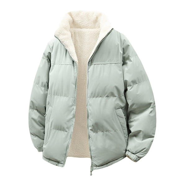 cocolona Mens Winter Fleece Coat Long Sleeve Stand-up Collar Zipper Puffer Jacket Thickened Warm Casual Down Jacket with Pocket