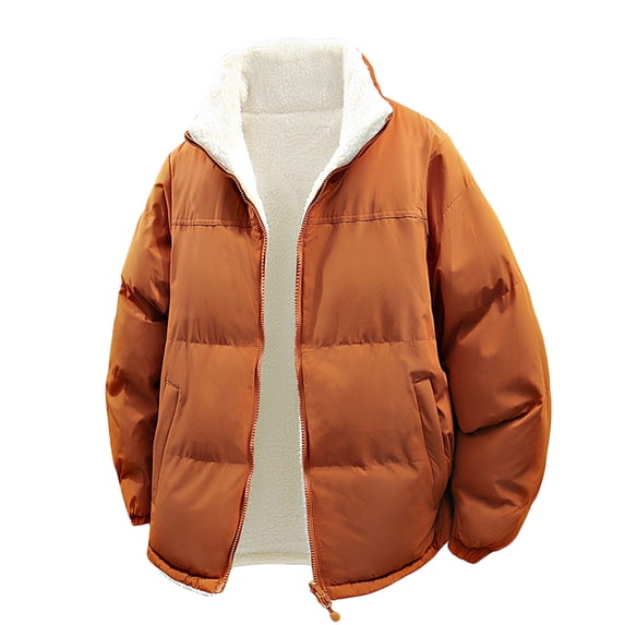 cocolona Mens Winter Fleece Coat Long Sleeve Stand-up Collar Zipper Puffer Jacket Thickened Warm Casual Down Jacket with Pocket