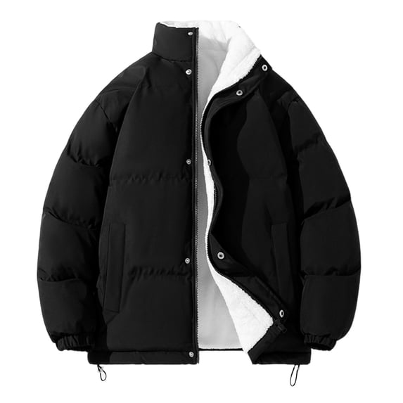 cocolona Mens Winter Fleece Warm Coat Fashion Casual Solid Color Puffer Jacket Long Sleeve Stand Collar Down Jacket with Pockets