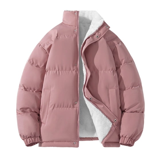 cocolona Mens Winter Fleece Warm Coat Fashion Casual Solid Color Puffer Jacket Long Sleeve Stand Collar Down Jacket with Pockets