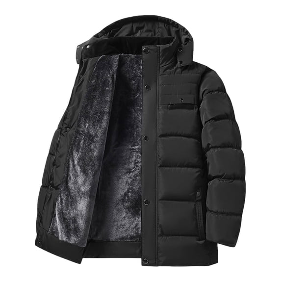 cocolona Mens Winter Thickened Warm Fleece Coat Long Sleeve Stand-up Collar Zipper Puffer Jacket Fashion Solid Color Down Jacket with Detachable Hooded