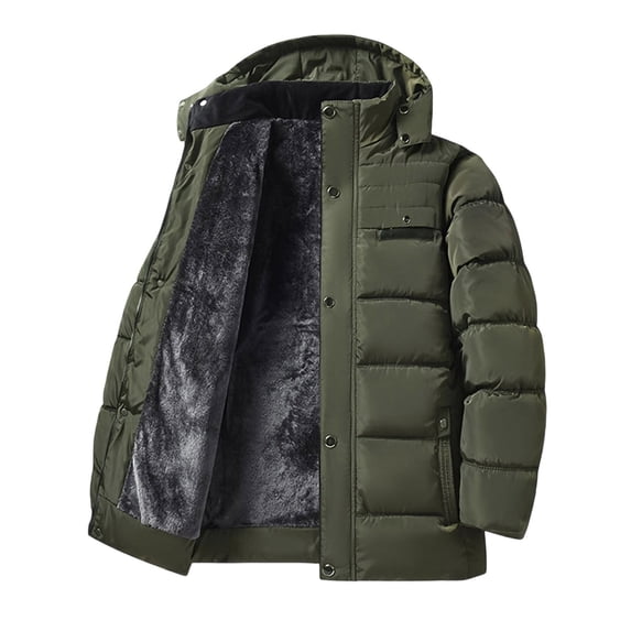 cocolona Mens Winter Thickened Warm Fleece Coat Long Sleeve Stand-up Collar Zipper Puffer Jacket Fashion Solid Color Down Jacket with Detachable Hooded