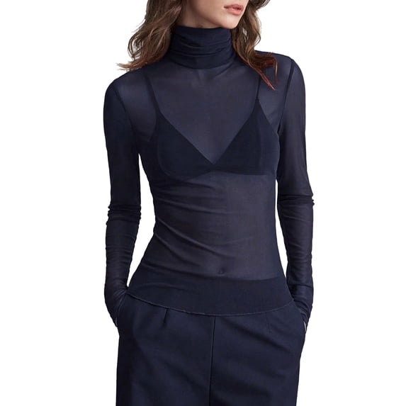 cocolona Mesh Tops for Women Mock Neck Long Sleeve Sheer Shirts Trendy Casual Slim Fit Solid Color Blouses