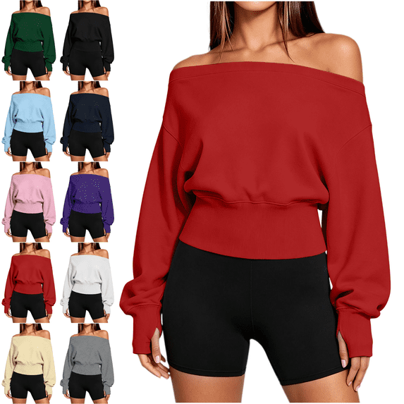 cocolona Off Shoulder Cropped Sweatshirts for Women Solid Color Long Sleeve Casual Shirts Sporty Trendy Fall Outfits