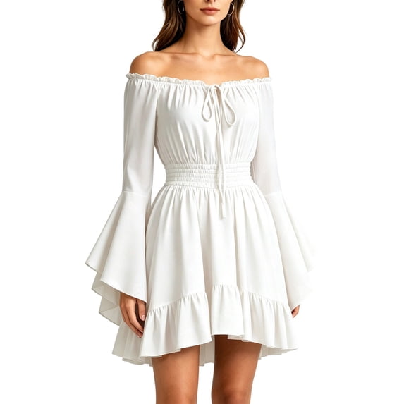cocolona Off Shoulder Dresses for Women Ruffle Sleeve Pleated Renaissance Dress for Halloween Medieval Party