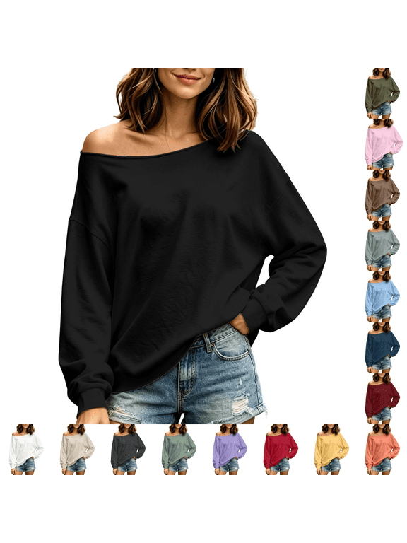 Off Shoulder Sweatshirts for Women Oversized Pullover Long Sleeve Drop Shoulder Casual Fall Tops