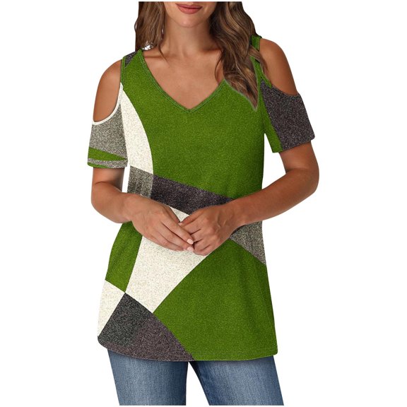 cocolona Off Shoulder Tops for Women Summer Casual Color Block Tops V Neck Short Sleeve T-shirts Blouse