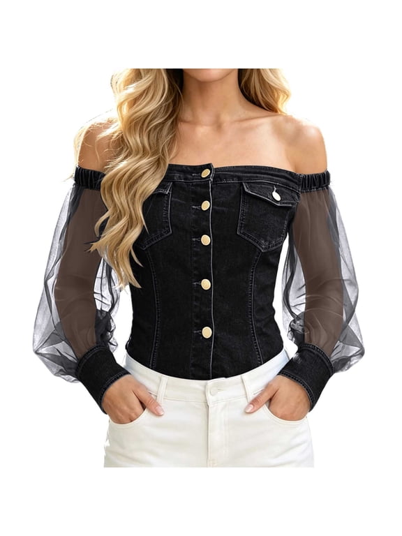 Off Shoulder Tops for Women Trendy Mesh Long Sleeve Denim Shirts Button Down Patchwork Blouses