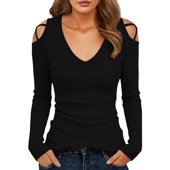 cocolona Off the Shoulder Sweater for Women V Neck Slim Fit Solid Color Tops Trendy Casual Knit Sweater
