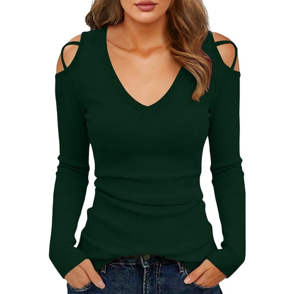 cocolona Off the Shoulder Sweater for Women V Neck Slim Fit Solid Color Tops Trendy Casual Knit Sweater