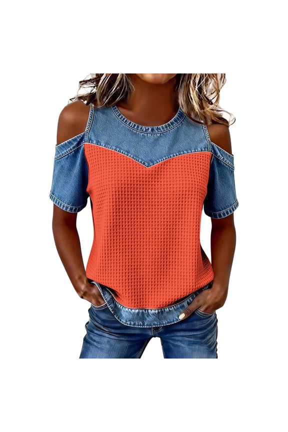 Off the Shoulder Tops for Women Summer Crew Neck Short Sleeve Patchwork Shirts Dressy Casual Blouses
