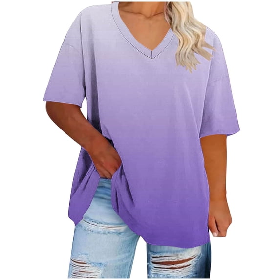 cocolona Oversized Tshirts for Women Summer Plus Size V-Neck Short Sleeve Gradient Printed Tops Base Tees Casual Trendy Blouses